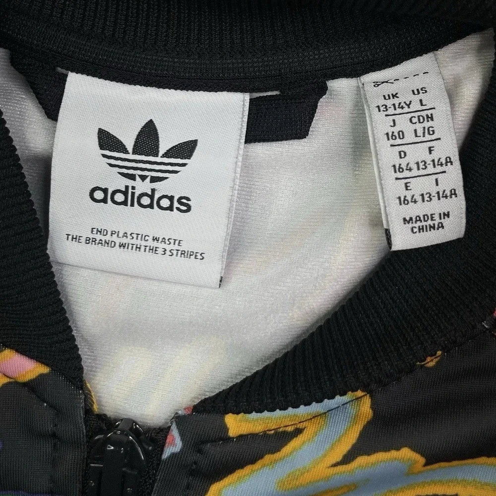 Adidas Track Jacket Youth Large Black Graffiti Print Neon‎ Full Zip